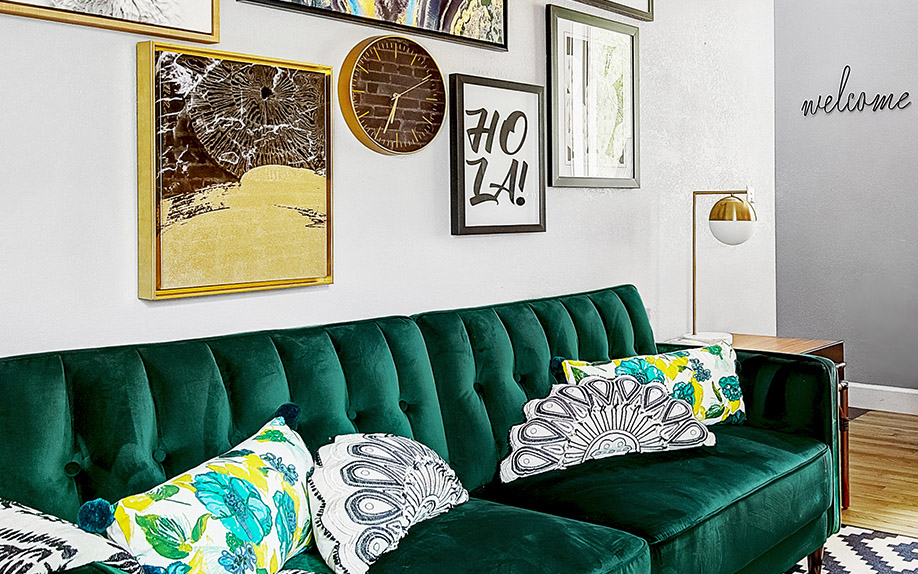 interior design of green velvet couch in castle pines 